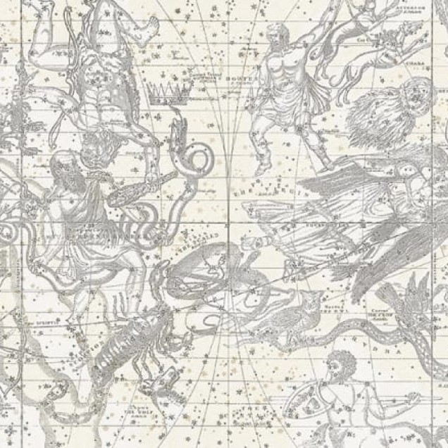 Tapet Star Map Alb, cu o hartă veche a stelelor cu constelații și stele strălucitoare.