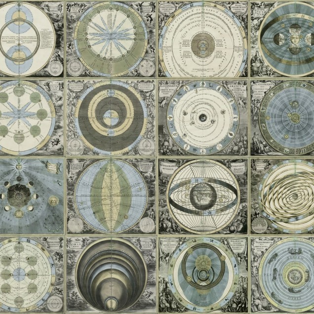 Tapet Sistemul Solar, Seară, cu design vintage ce prezintă o hartă veche a sistemului solar, ideal pentru decorarea pereților.