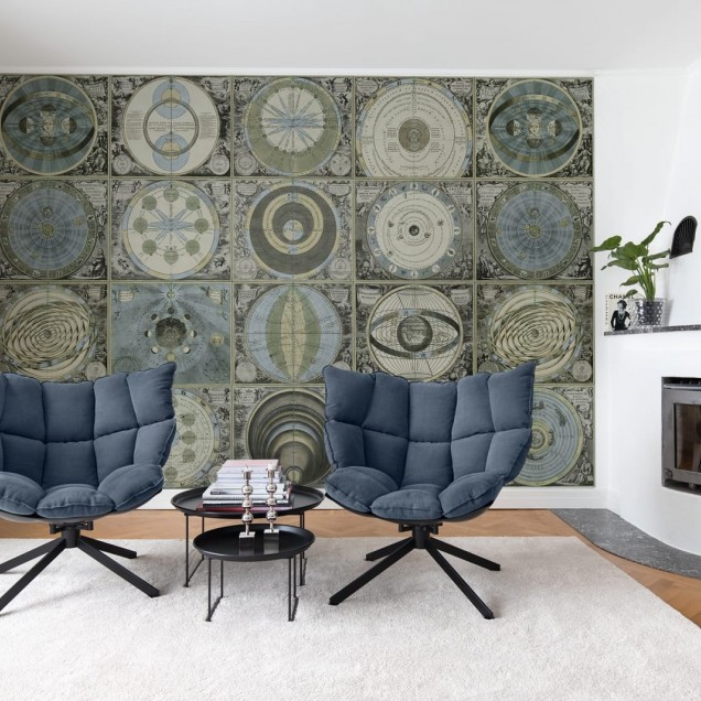 Tapet Sistemul Solar, Seară, cu design vintage ce prezintă o hartă veche a sistemului solar, ideal pentru decorarea pereților.