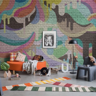 Wallpaper cu design modern, cu forme geometrice abstracte și un efect de picurare de culori.