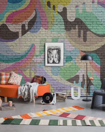 Wallpaper cu design modern, cu forme geometrice abstracte și un efect de picurare de culori.