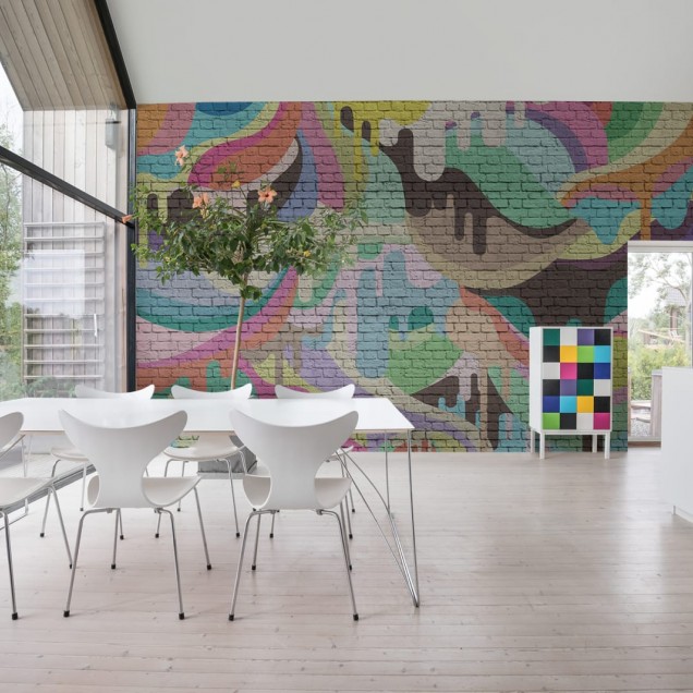 Wallpaper cu design modern, cu forme geometrice abstracte și un efect de picurare de culori.