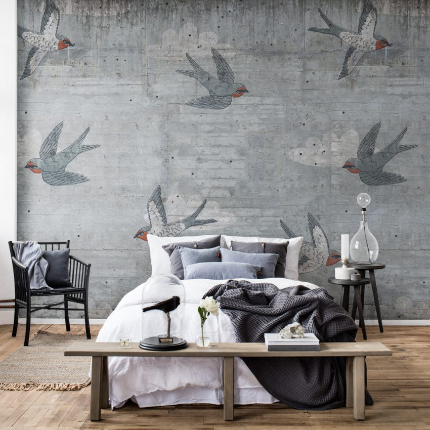 Tapetul Concrete Art, Night Swallow, cu îngeri pe un fundal gri