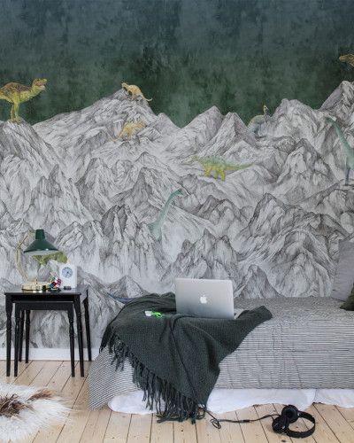 Tapet 3D cu munți și dinozauri, design modern pentru dormitor, cameră pentru copii sau birou