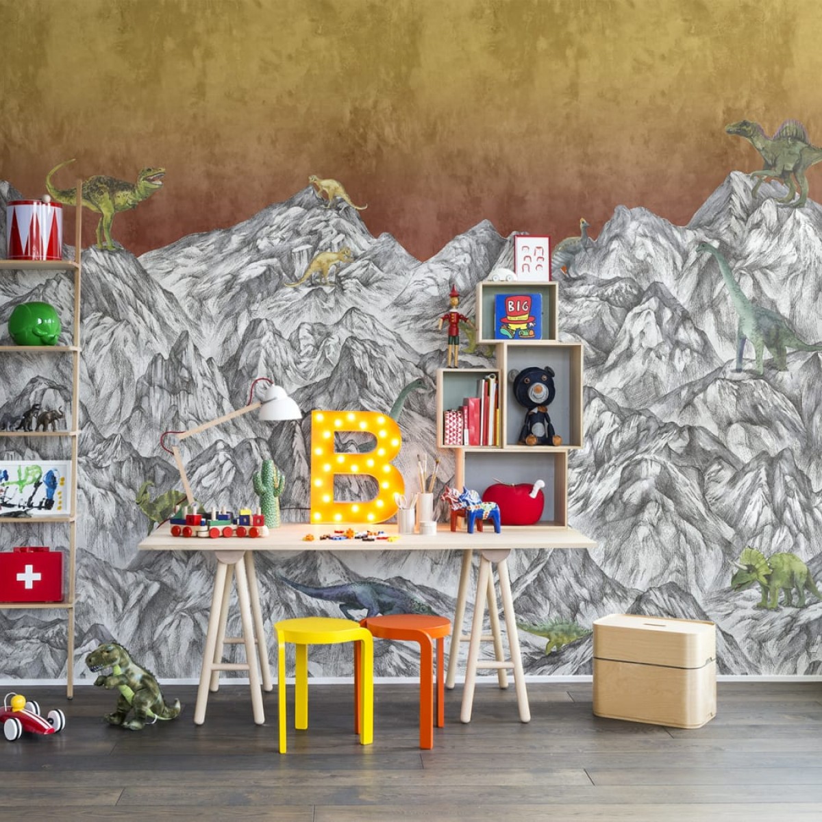 Foto tapet 3D Dinosaur Mountain, Volcano, personalizat, Rebel Walls, Fototapet pentru copii 