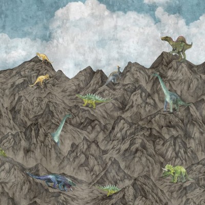 Tapet 3D Dinosaur Mountain, Day, cu dinozauri prietenoși pe munți impunători