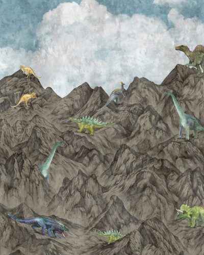 Tapet 3D Dinosaur Mountain, Day, cu dinozauri prietenoși pe munți impunători