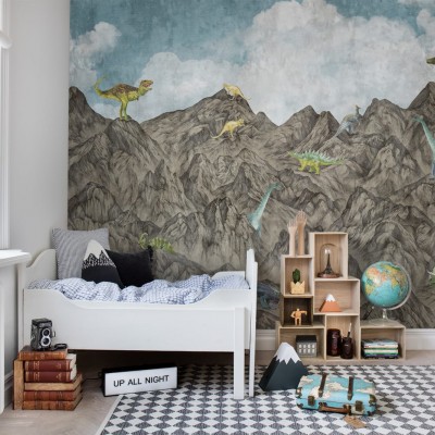 Tapet 3D Dinosaur Mountain, Day, cu dinozauri prietenoși pe munți impunători