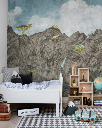 Tapet 3D Dinosaur Mountain, Day, cu dinozauri prietenoși pe munți impunători