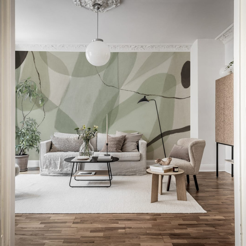 Fototapet abstract roz prăfuit cu canapea portocalie într-un living modern
