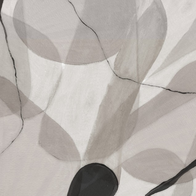 Tapet modern cu design minimalist, Asana, Sand, cu o pat în cameră, un perete gri cu modele abstracte, o oglindă pe un perete și un ghiveci cu ananas lângă fereastră