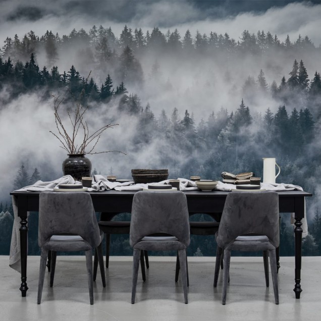 Imagine de fundal 3D cu un design minimalist și modern, cu un peisaj cu pădure și nori.