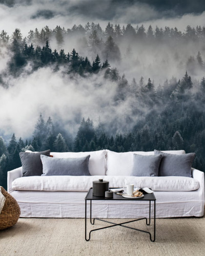 Imagine de fundal 3D cu un design minimalist și modern, cu un peisaj cu pădure și nori.