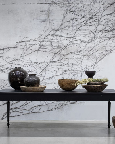 3D cu design modern, cu o imagine cu crengi de viță de vie pe un perete gri