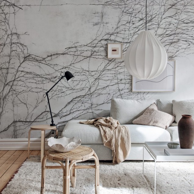 3D cu design modern, cu o imagine cu crengi de viță de vie pe un perete gri