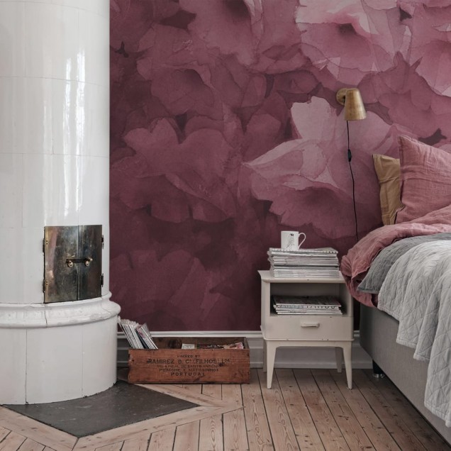 Tapet floral Harmony Fuchsia cu design acuarela, in nuante pastelate de roz si fuchsia