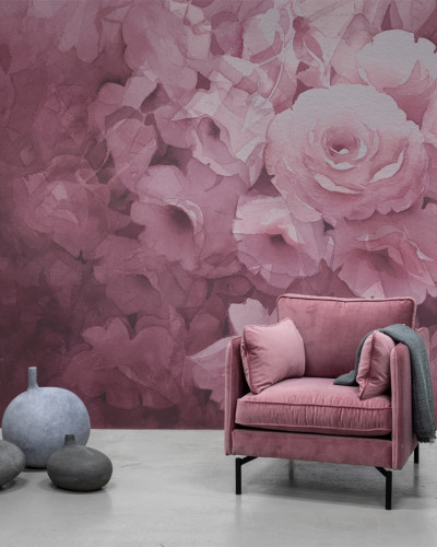 Tapet floral Harmony Fuchsia cu design acuarela, in nuante pastelate de roz si fuchsia