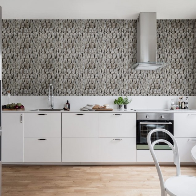 Tapet 3D Calm, cu un design abstract și modern, prezentat într-un spațiu de dining.