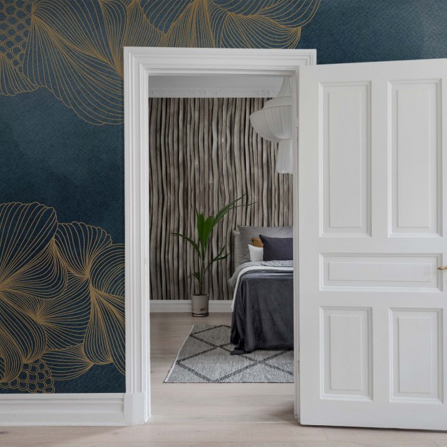 Tapet 3D cu design abstract în nuanțe de albastru și auriu.