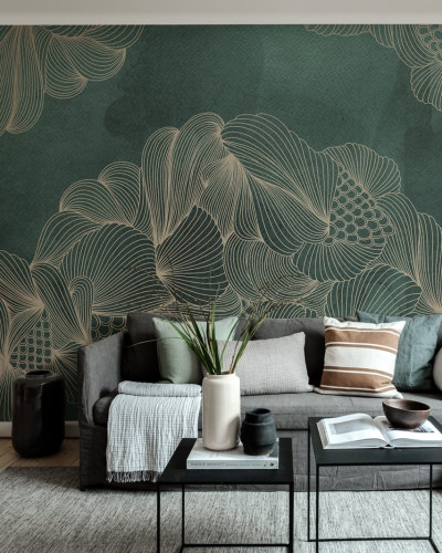 Fototapet elegant cu model abstract verde și auriu