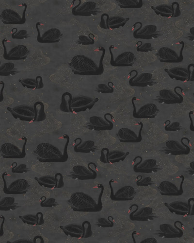 Tapet 3D Cygne Noir cu lebede negre pe un fundal gri închis, aplicat într-o bucătărie modernă.