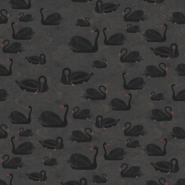 Tapet 3D Cygne Noir cu lebede negre pe un fundal gri închis, aplicat într-o bucătărie modernă.