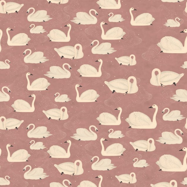 Tapet 3D Cygne, Rose, cu lebedele albe pe un fundal roz delicat