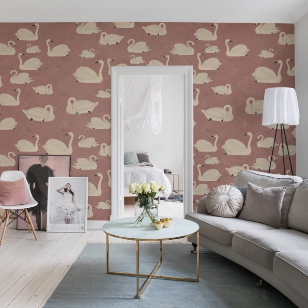 Tapet 3D Cygne, Rose, cu lebedele albe pe un fundal roz delicat