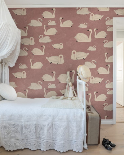 Tapet 3D Cygne, Rose, cu lebedele albe pe un fundal roz delicat