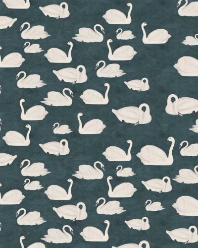 Tapet 3D Cygne, Bleu cu un design delicat de lebede albe pe un fundal albastru, perfect pentru dormitoare, livinguri sau zonele de lucru.