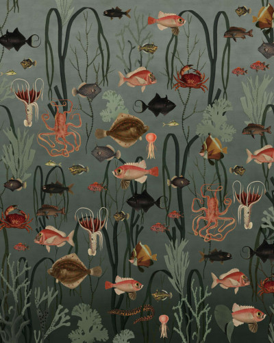 Wallpaper 3D "Oxygen" cu motive marine, imagine cu o masă și scaune în fața unui perete decorat cu wallpaper.