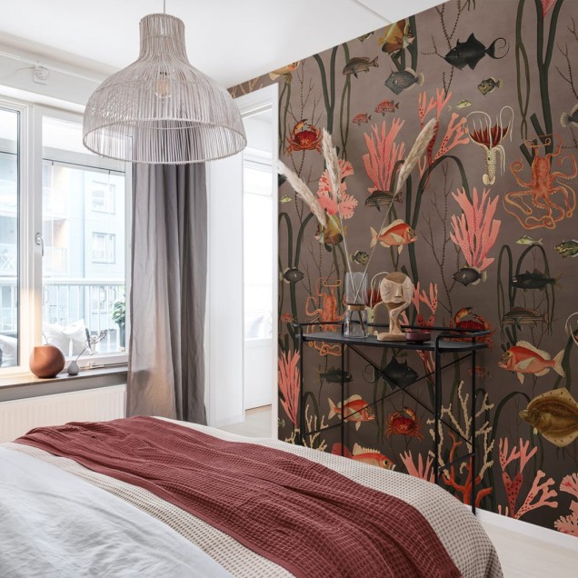 Tapet 3D cu corali și viață marină, decorat cu un design vibrant, ideal pentru living, dormitor sau birou.