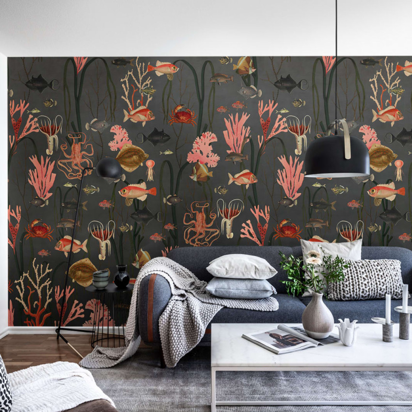 Tapet 3D cu corali și viață marină, decorat cu un design vibrant, ideal pentru living, dormitor sau birou.