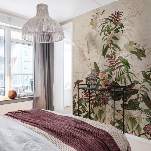 Tapet exotic cu păsări și plante tropicale