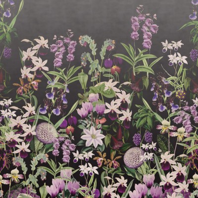 Tapet 3D cu design floral luxuriant, in nuante de violet, roz si alb.
