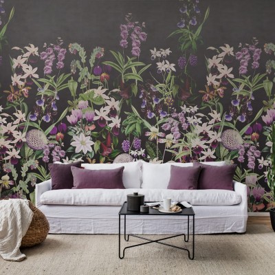 Tapet 3D cu design floral luxuriant, in nuante de violet, roz si alb.