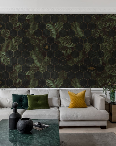 Tapet cu model geometric 3D cu frunze tropicale
