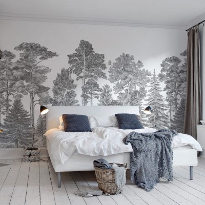 Tapet 3D cu design Scandinavian Bellewood, Grey, cu imaginea unui pădure în stil vintage, ideal pentru dormitor, living sau birou