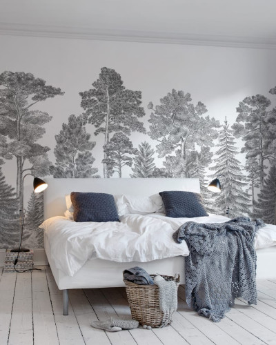 Tapet 3D cu design Scandinavian Bellewood, Grey, cu imaginea unui pădure în stil vintage, ideal pentru dormitor, living sau birou