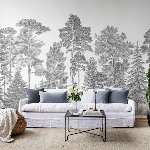 Tapet 3D cu design Scandinavian Bellewood, Grey, cu imaginea unui pădure în stil vintage, ideal pentru dormitor, living sau birou
