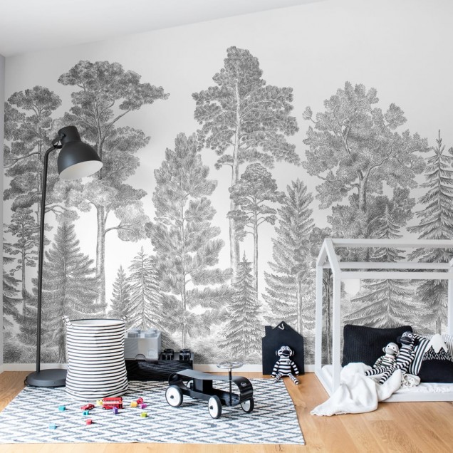 Tapet 3D cu design Scandinavian Bellewood, Grey, cu imaginea unui pădure în stil vintage, ideal pentru dormitor, living sau birou