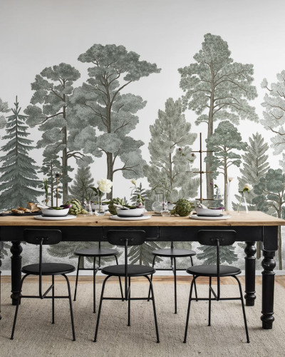 Tapet cu design scandinav reprezentând o pădure de iarnă într-o sufragerie