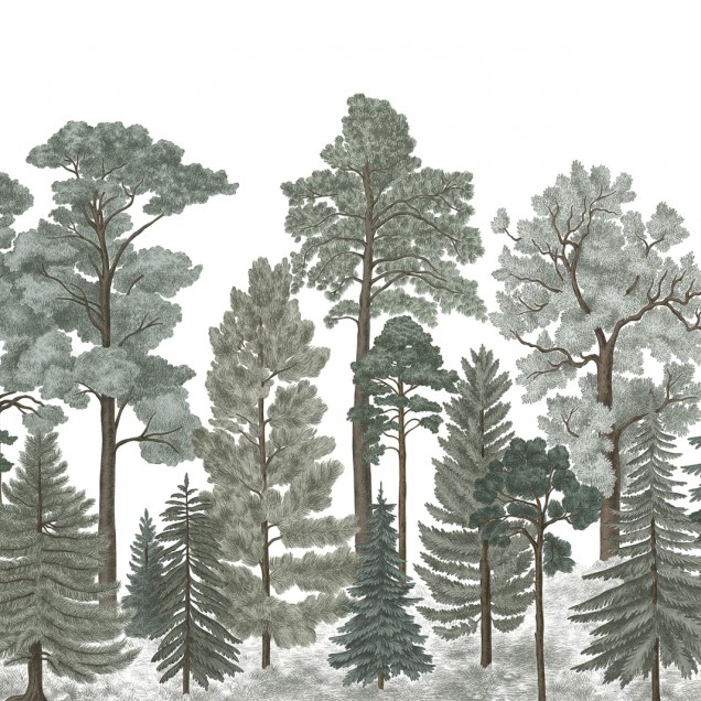 Tapet cu design scandinav reprezentând o pădure de iarnă într-o sufragerie