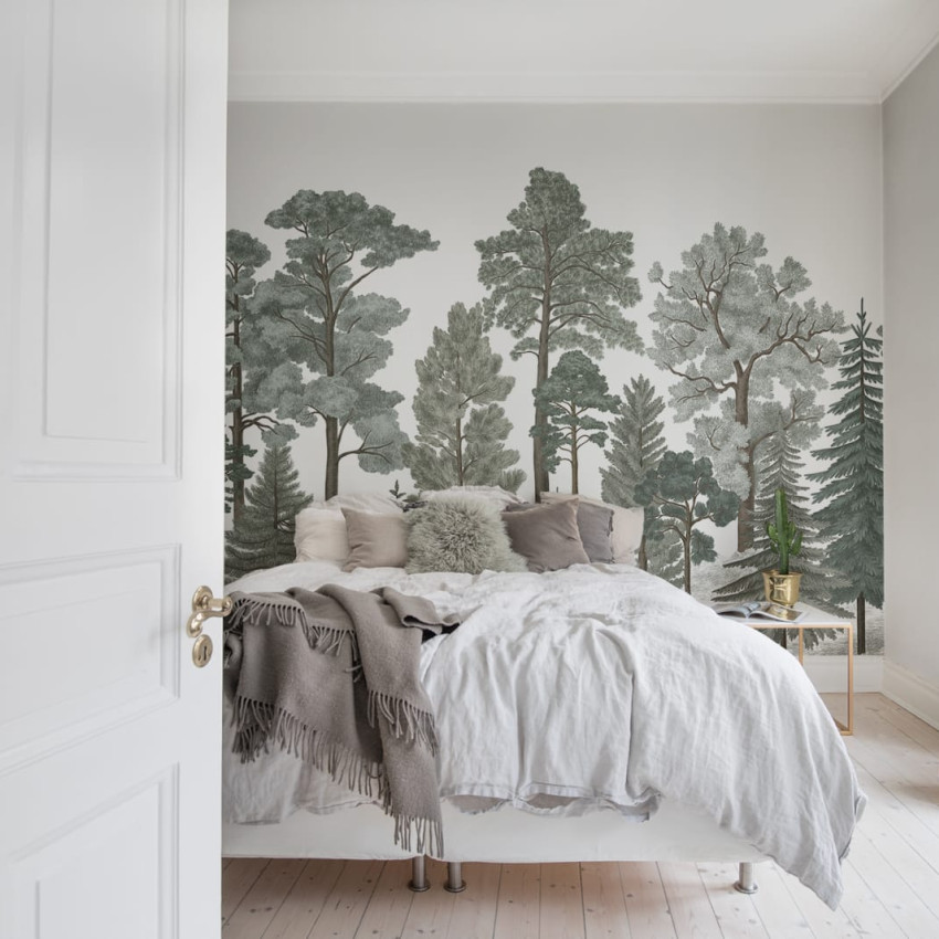 Tapet 3D cu design scandinav, ce prezintă un peisaj forestier cu copaci înalți și animale drăguțe.