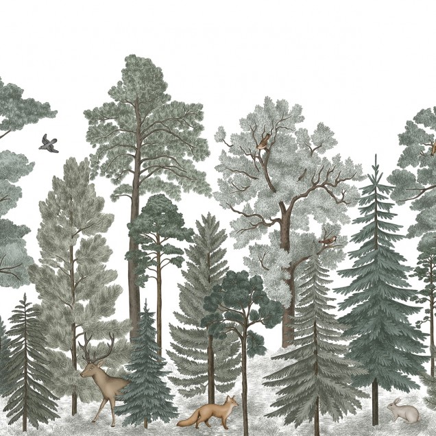 Tapet 3D cu design scandinav, ce prezintă un peisaj forestier cu copaci înalți și animale drăguțe.