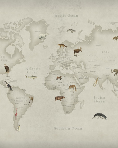 Tapet 3D Animal World cu hartă a lumii și animale din fiecare continent