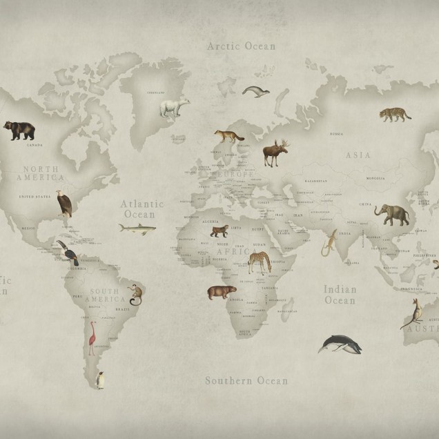 Tapet 3D Animal World cu hartă a lumii și animale din fiecare continent