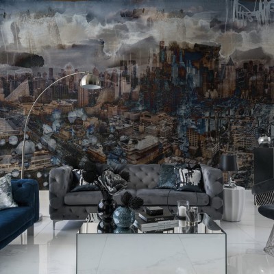 Tapet Dystopia cu imagine panoramică a orașului, încadrată de efecte de textură și pensulă.