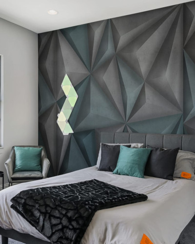 Soundproof tapet, design modern, geometric, gri si albastru, dormitor