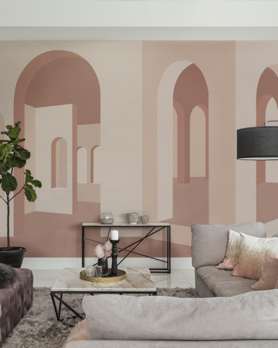 Tapet cu design arhitectural, arce și tonuri calde într-un living modern